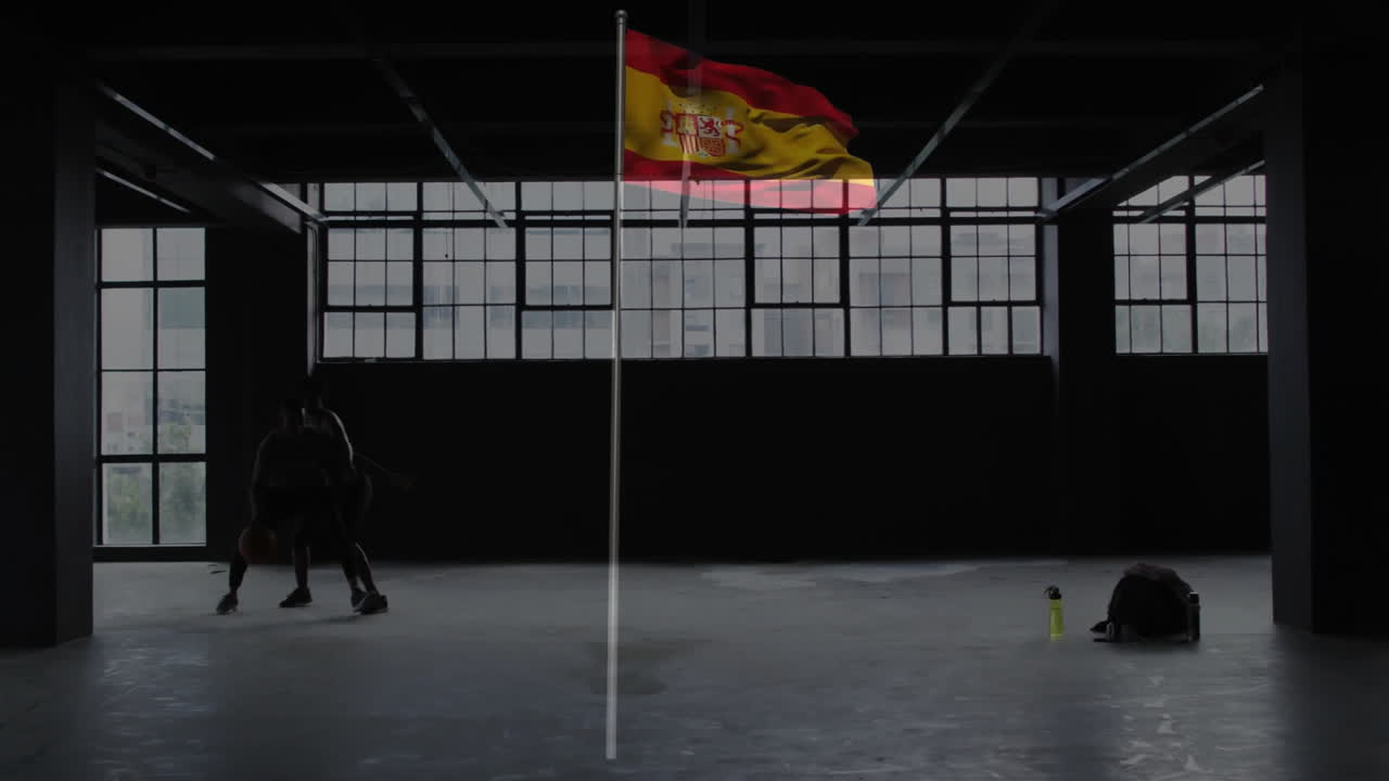 Woman slamming battle rope onto medicine ball under Spanish flag, with floating fitness metrics