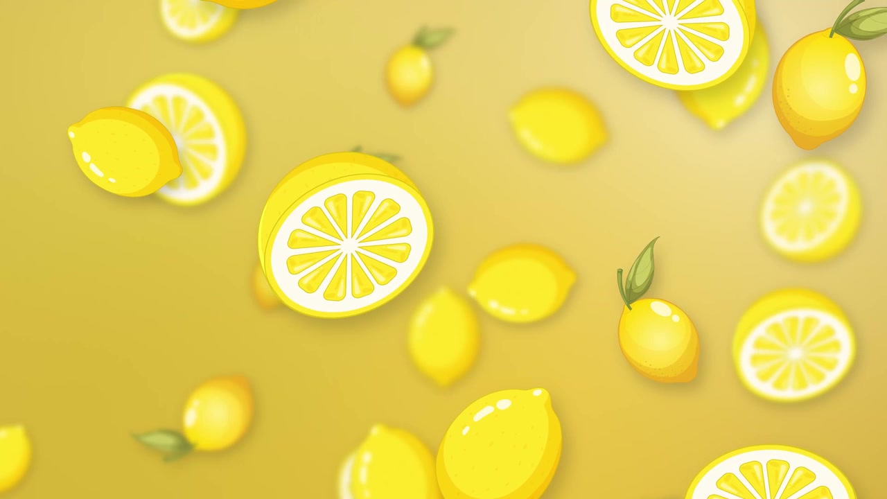 Limoni stilizzati e fette di agrumi cadono verticalmente su uno sfondo sfumato a rete giallo vibrante
