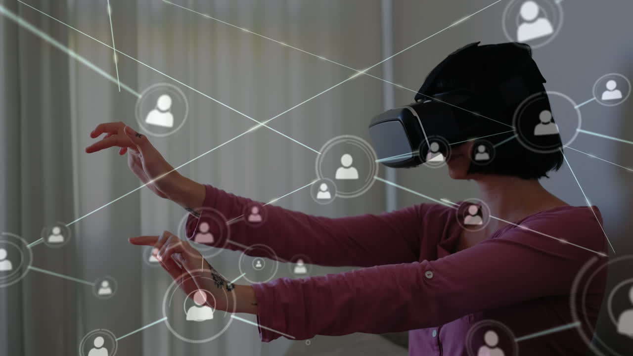 Animation of network of connections over caucasian woman using vr headset