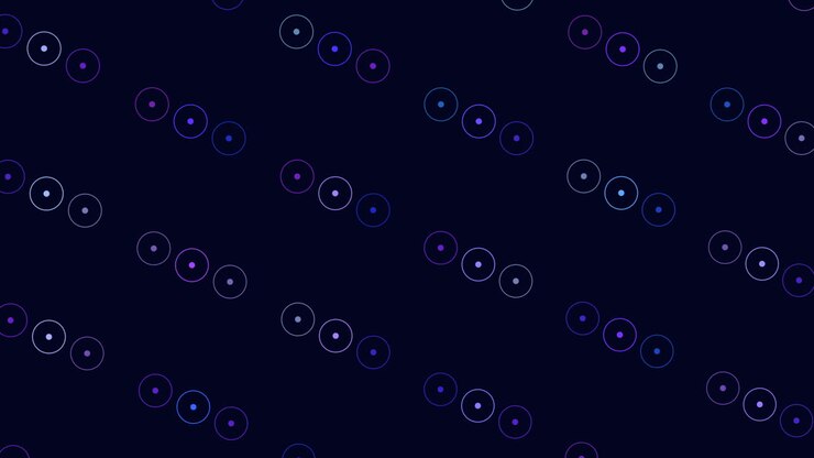 Digital pattern with abstract neon rings in rows on black gradient