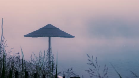 misty beach scene with straw umbrella