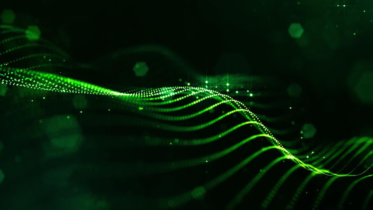 4k looped science fiction particle background with bokeh, light effects. Glow green color particles form lines, surfaces, complex structures. Suitable for sci-fi themes or as vj loop motion design bg