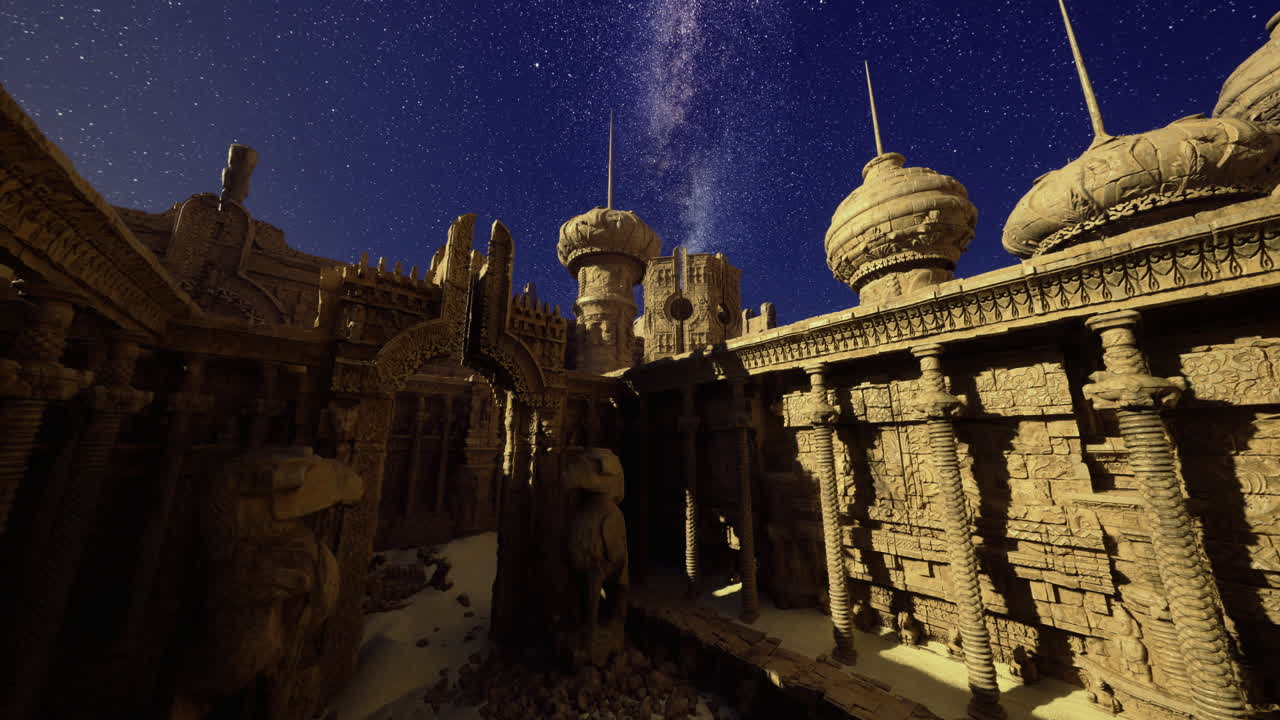 Ancient temple ruins under a starry sky showcasing stunning architecture