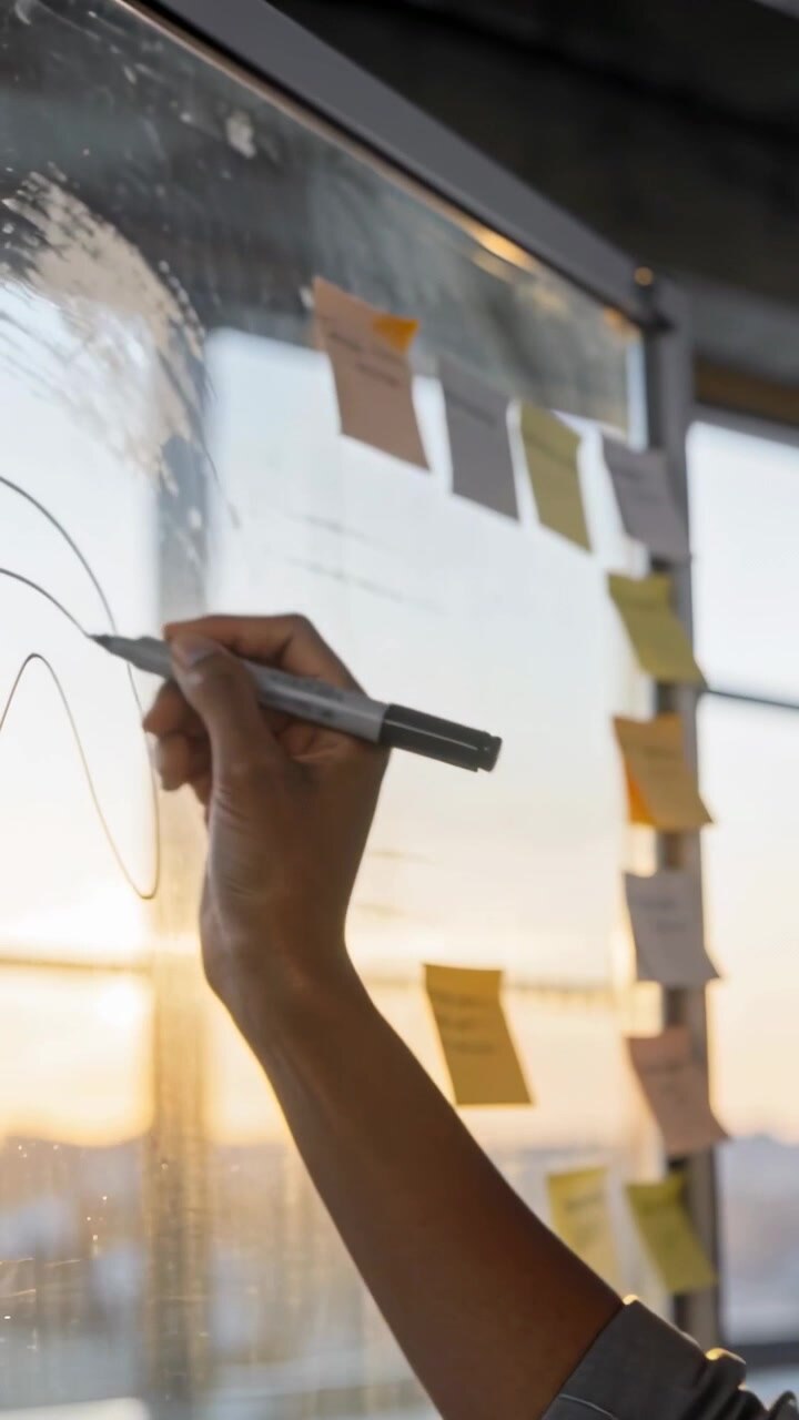 Vertical video: Reaching hand drawing arc on glass in loft to plan with marker, sticky notes