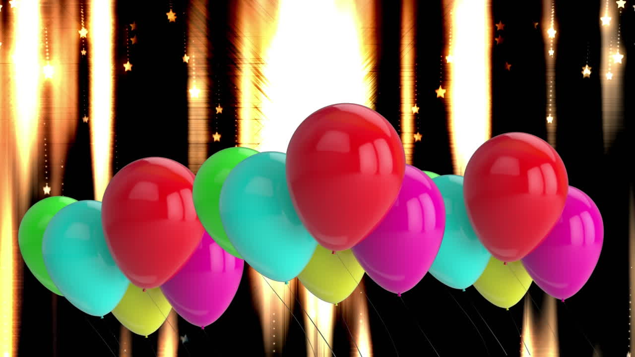 animación de globos coloridos que vuelan sobre luces brillantes