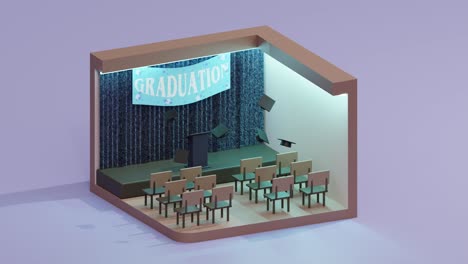 school hall decorated for graduation with floating academic caps. 3d loop, isometric view