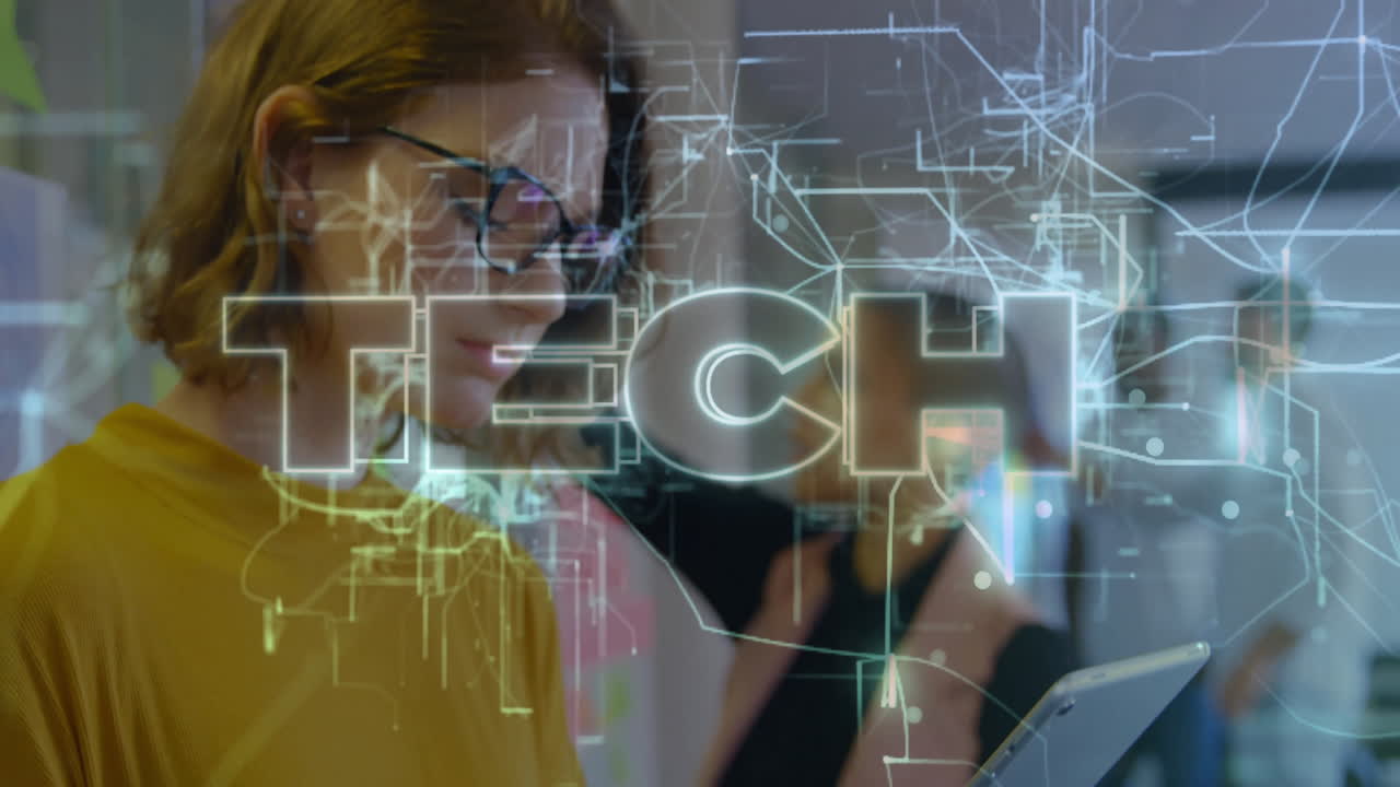 Person using tablet with TECH text and digital network overlay animation