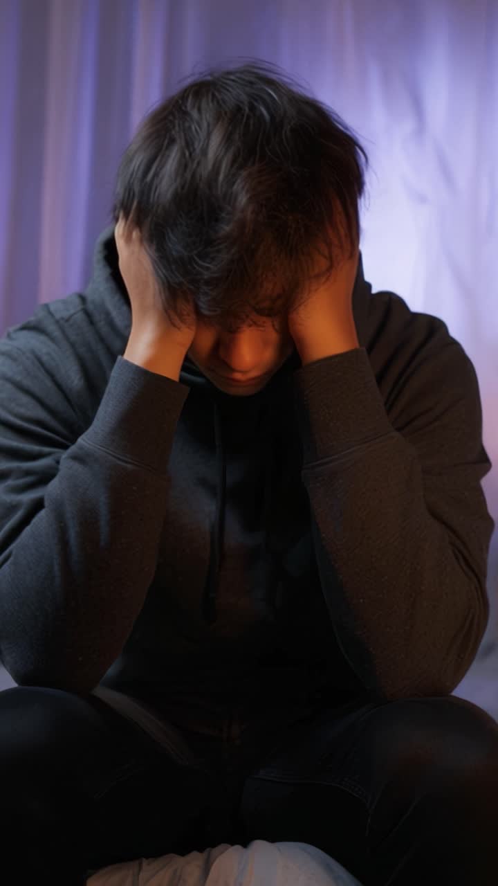 A contemplative moment of distress as a young man holds his head in his hands, reflecting deep emotions and struggles in a muted, softly lit environment