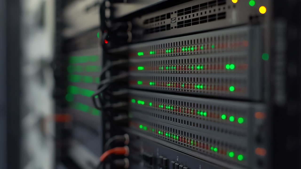 Close-up of server racks with blinking lights in a data center