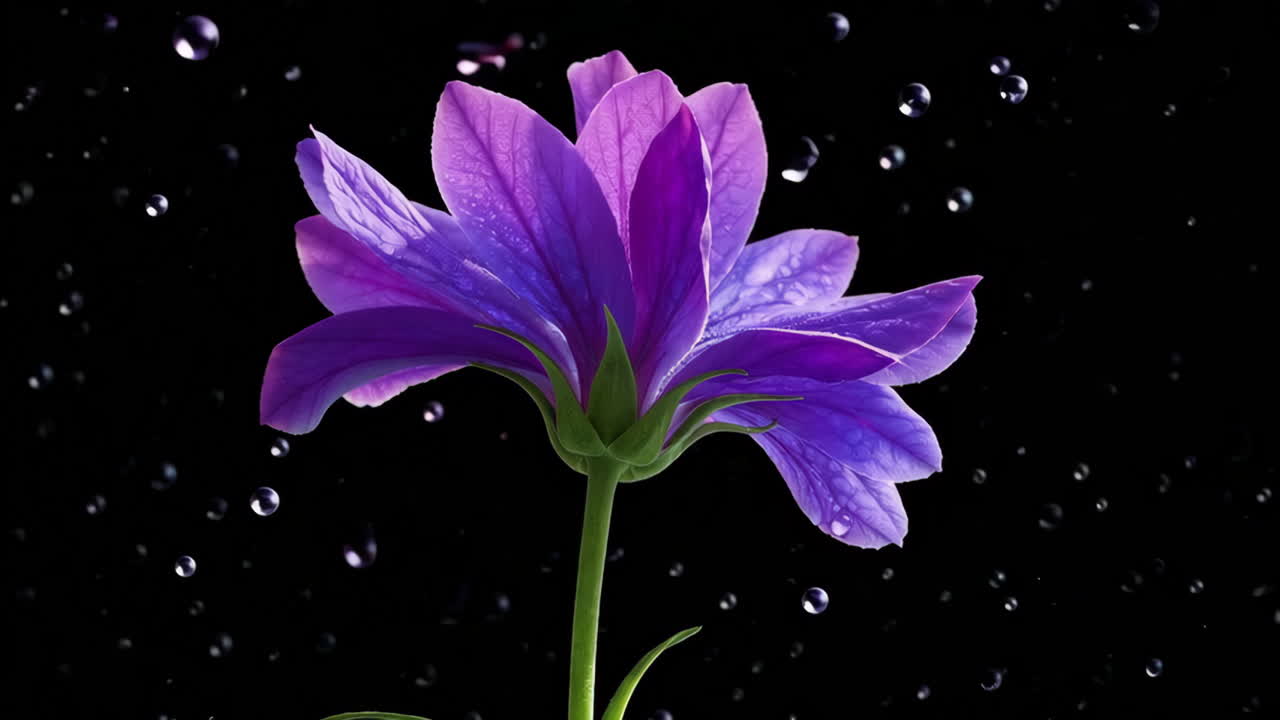 Purple Flower with Water Droplets on Black Background
