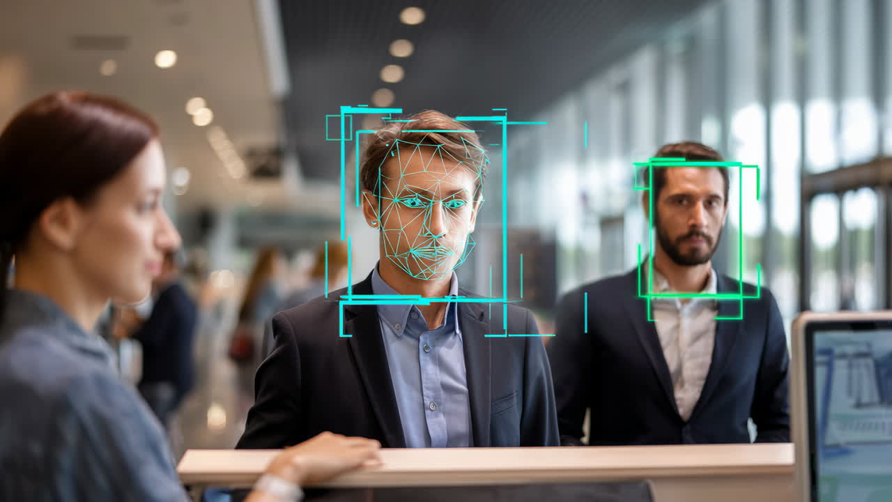 Technology in action at a modern airport. Two men undergo facial recognition at an airport check-in while a woman assists them at the counter