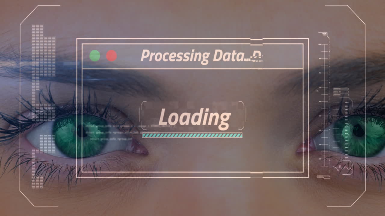 Animation of data processing on screen over woman's green eyes