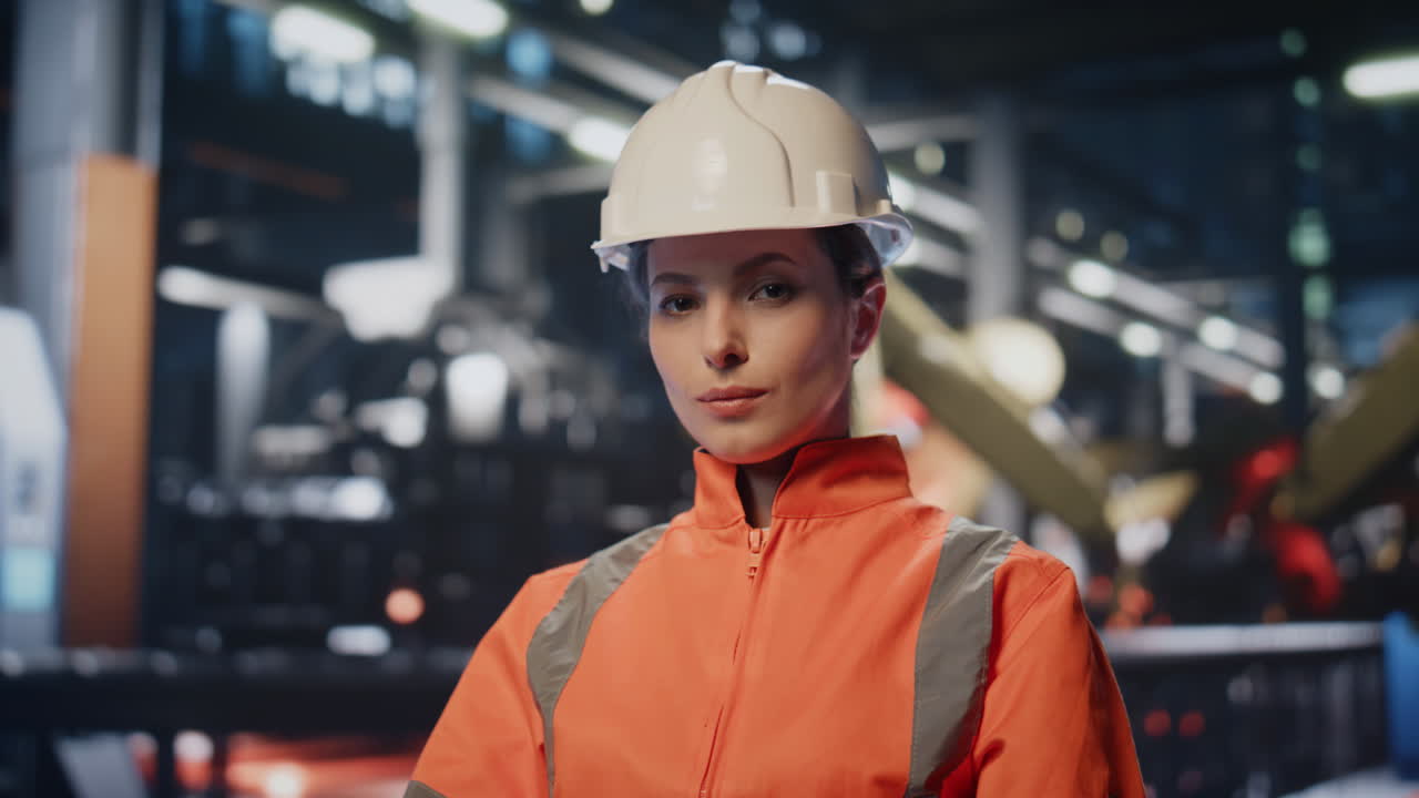 mujer poniendo casco protector. trabajador de la industria pesada sonriendo cámara de primer plano