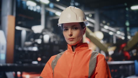 mujer poniendo casco protector. trabajador de la industria pesada sonriendo cámara de primer plano