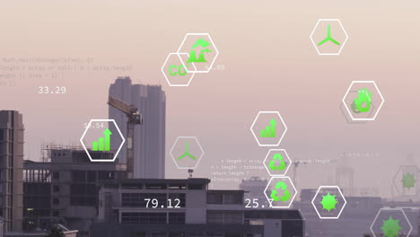 Animation-of-network-of-eco-icons-over-city