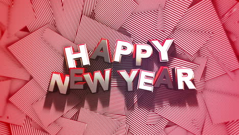 texto de feliz año nuevo en patrón geométrico de rayas rojas