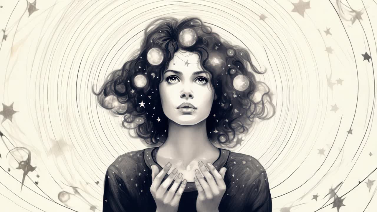 Un concept video surreale che ritrae una donna con gli occhi chiusi, circondata da elementi celestiali