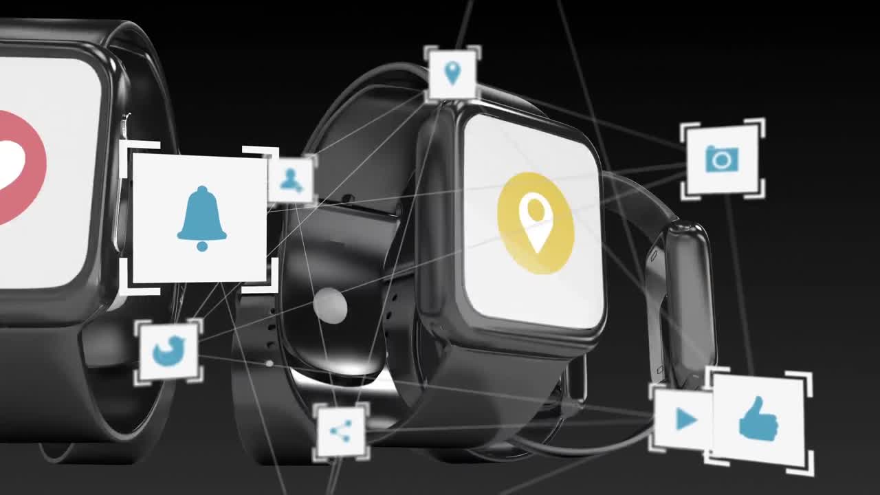 animación de iconos digitales flotando sobre relojes inteligentes giratorios en segundo plano