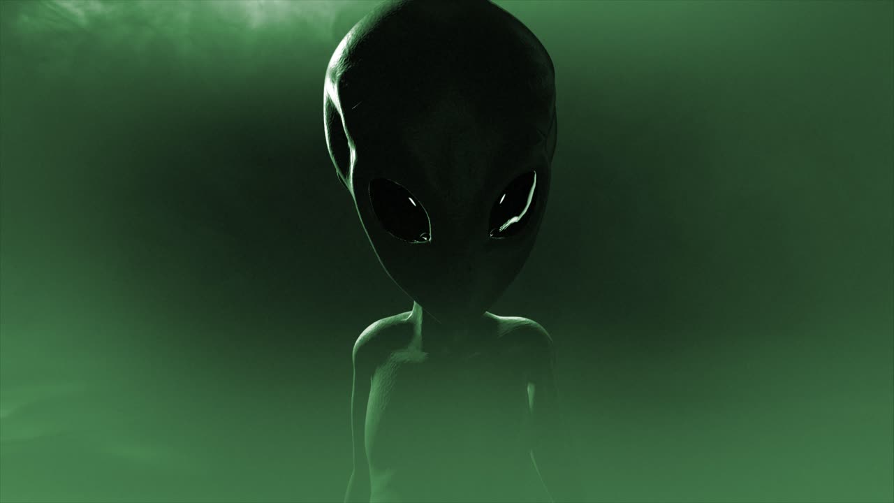 3D CGI mid to close-up shot of a classic, shiny-skinned Roswell grey alien looking eeire and menacing, in an ominous swirling cloud of mist, with grey and green color tint