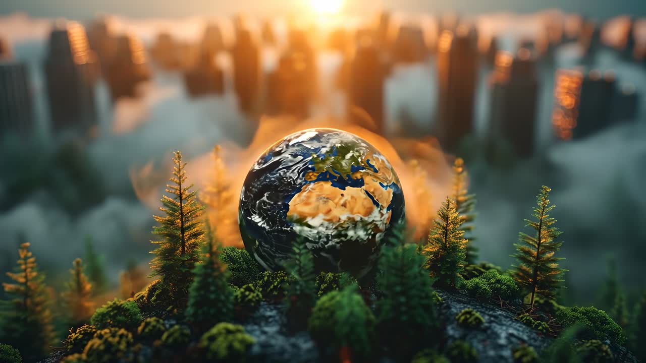 Erde mit Stadtsilhouette bei Sonnenuntergang. Bäume wachsen um einen Globus auf einem Hügel mit einer Stadt im Hintergrund. Sonnenlicht scheint bei Sonnenuntergang durch die Wolken.
