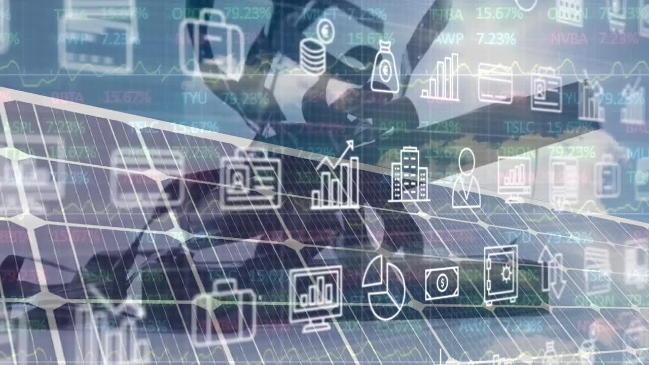 animación de iconos financieros y datos sobre la maleta que cae