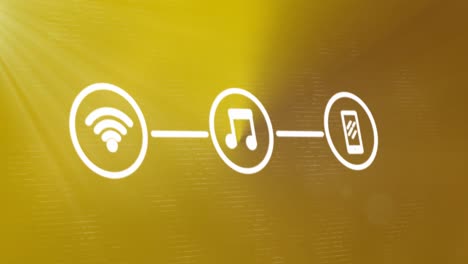 Animación-De-Wifi-Con-Iconos-De-Música-Y-Teléfono-Formando-Un-Diagrama-De-Flujo-Sobre-Fondo-Amarillo