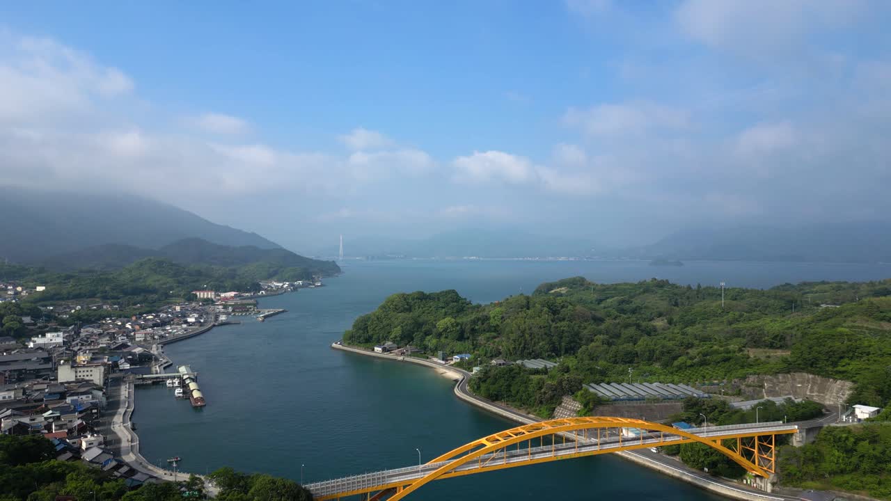 Beautiful early morning drone flight over Ikuchi Island in Seto inland sea