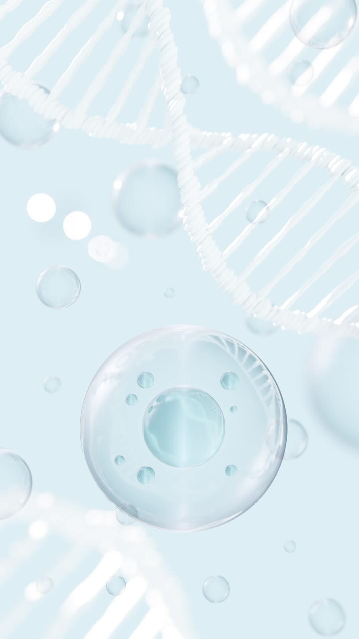 Vertical abstract background with transparent spherical bubbles and DNA strands. 3d animation