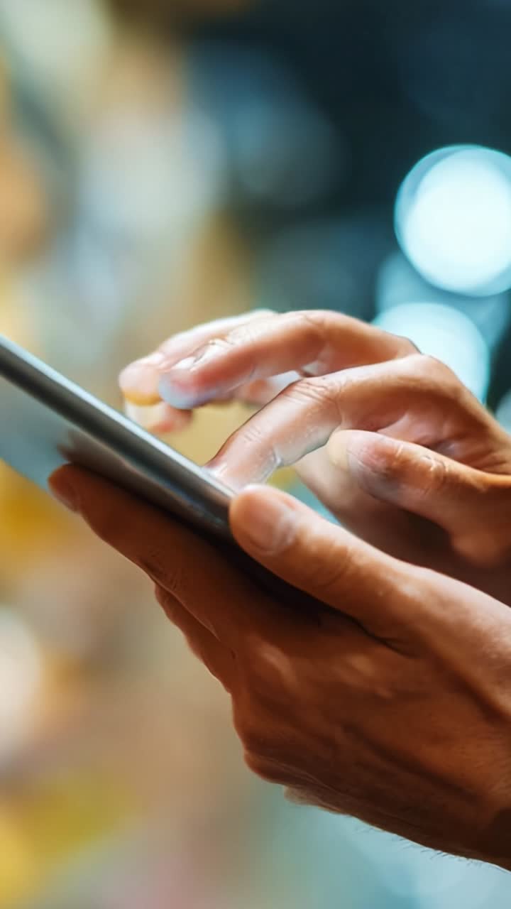 Close-up of a person interacting with a smartphone, showcasing hand movements and touchscreen engagement in a dynamic and modern setting filled with vibrant colors