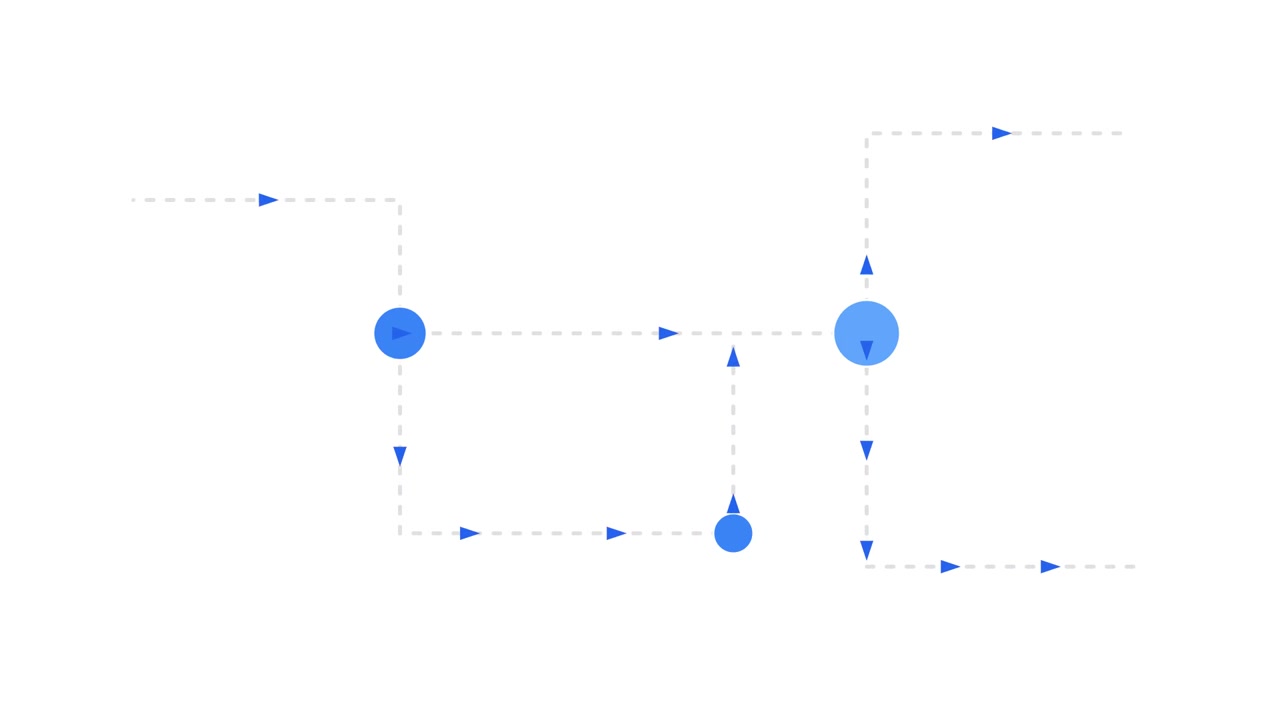 Animated Flowchart Diagram with Moving Blue Nodes and Arrows