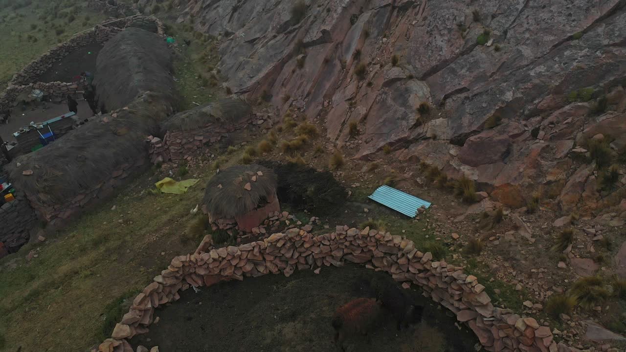 안데스 산맥의 라마 농장 드론 샷