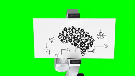 digitally generated video of robotic arm holding card with diagram of machine
