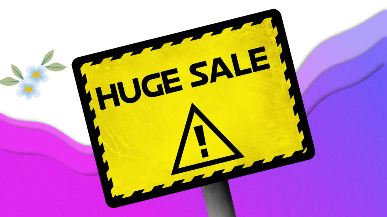 노란색 경고 표지판에 거대한 판매 텍스트의 애니메이션, 떨어지는 꽃과 보라색 파도