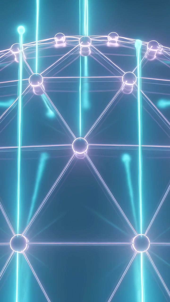 Vertical video: Advancing frames driving lattice emitting cyan beams, lighting nodes for glow