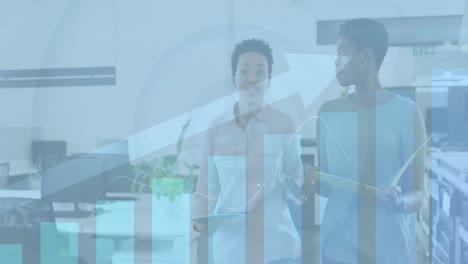 animation of data processing over diverse business people talking in office
