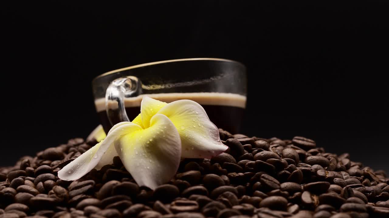 Man Take Cup Black Coffee From Roasted Coffee Beans Background.