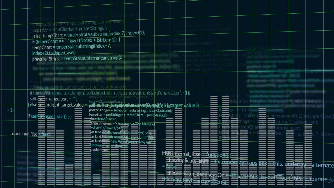 Audio starting equalizer bars surging reacting to audio while code snippets scrolling over grid
