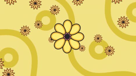 Animation-of-pink-and-yellow-flowers-over-gold-curves-and-circles-on-yellow-background