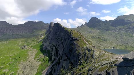 aerial view of mountains with a lake and green grass