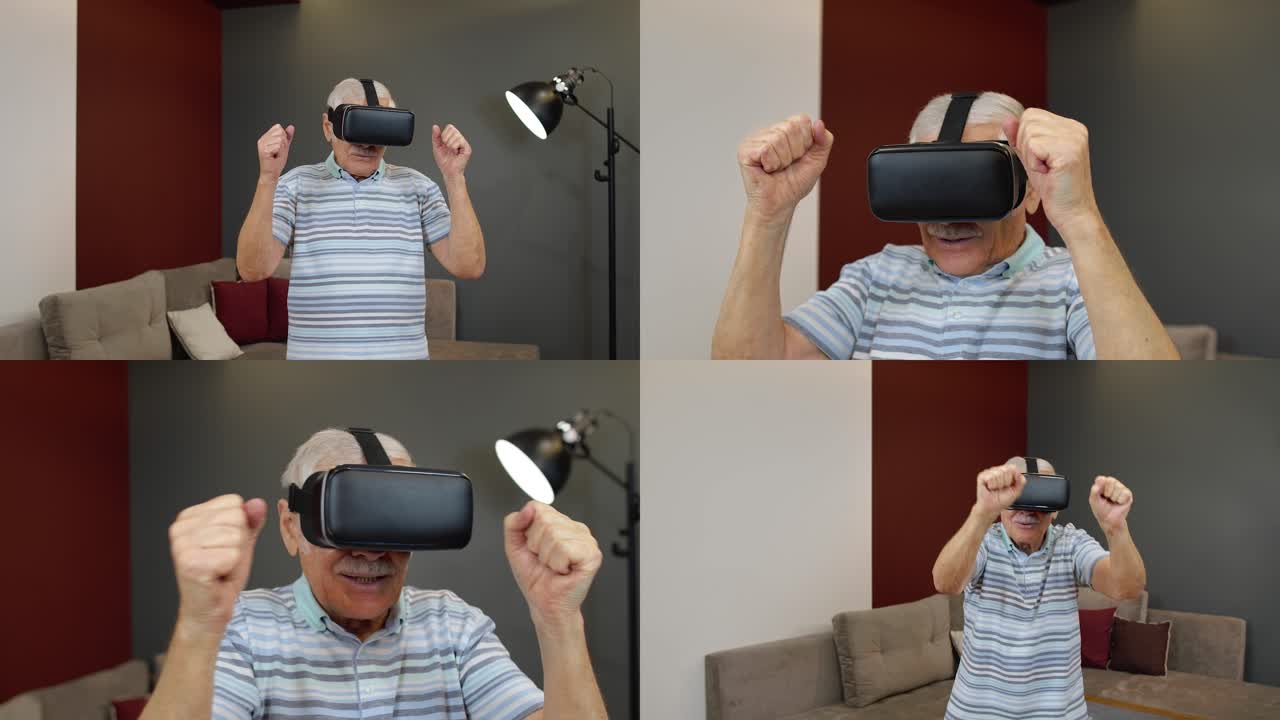 anciano hombre con gafas de auriculares virtuales viendo increíble video 3d en 360 vr casco en casa