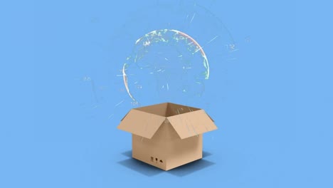 Rotating-globe-and-opening-box-on-blue-background