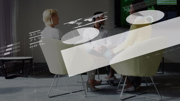 Animation of infographic interface, diverse coworkers having conversation while on break in office