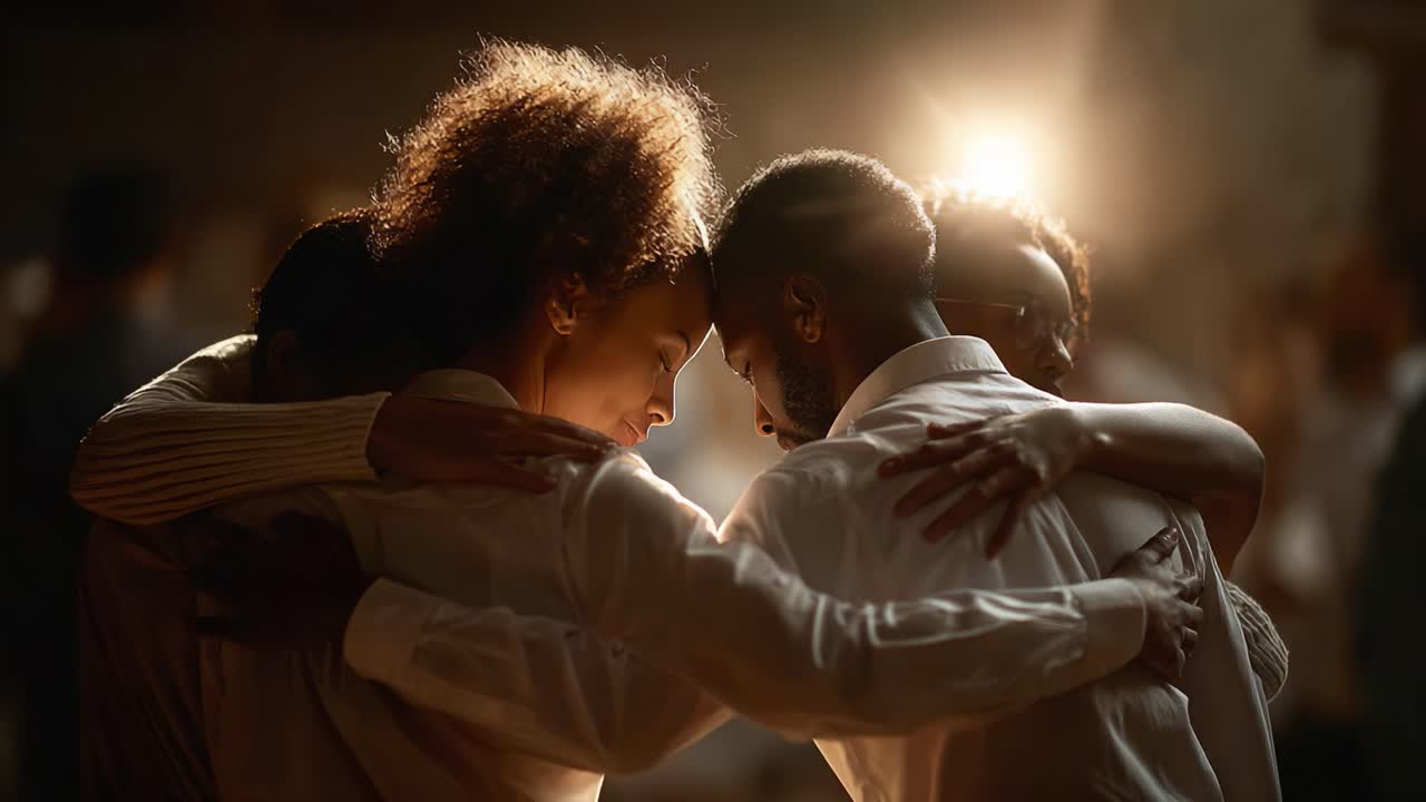 Emotional Connection: A Group of Four Individuals Sharing an Intimate Moment of Unity and Support, Surrounded by a Warm, Dimly Lit Atmosphere that Enhances Their Bond