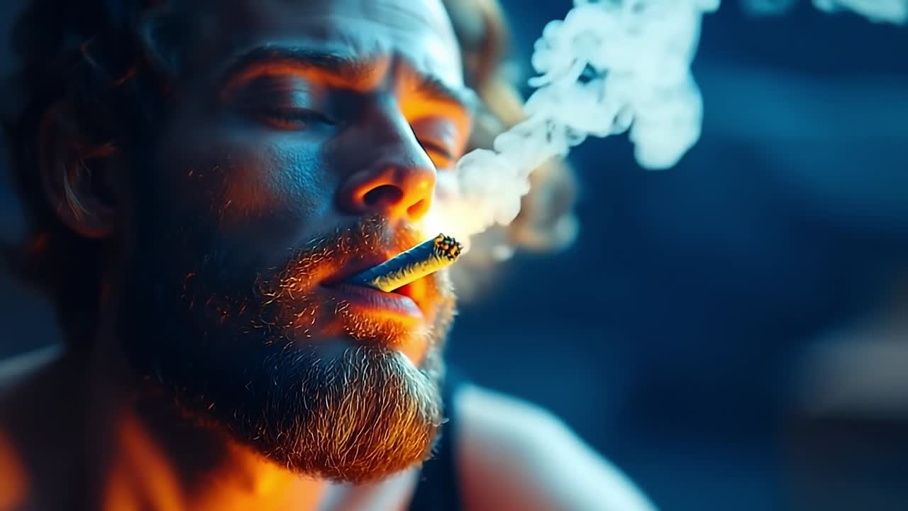 Man enjoying a cigarette in dim light. A man exhales smoke from a cigarette while illuminated by soft, warm lighting, creating a relaxed atmosphere.