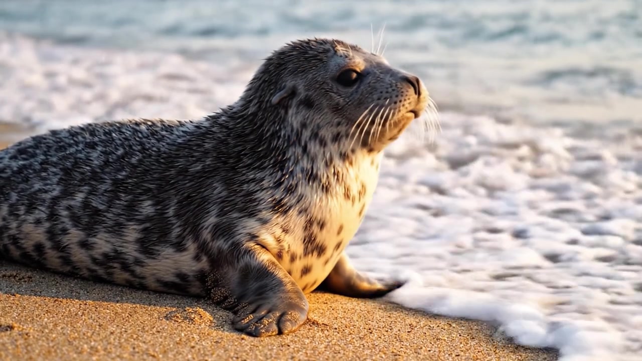 Una Foca Rilassata che si Gode le Dolci Onde: Momenti Accattivanti della Natura sulla Costa Catturati in Due Splendide Inquadrature.