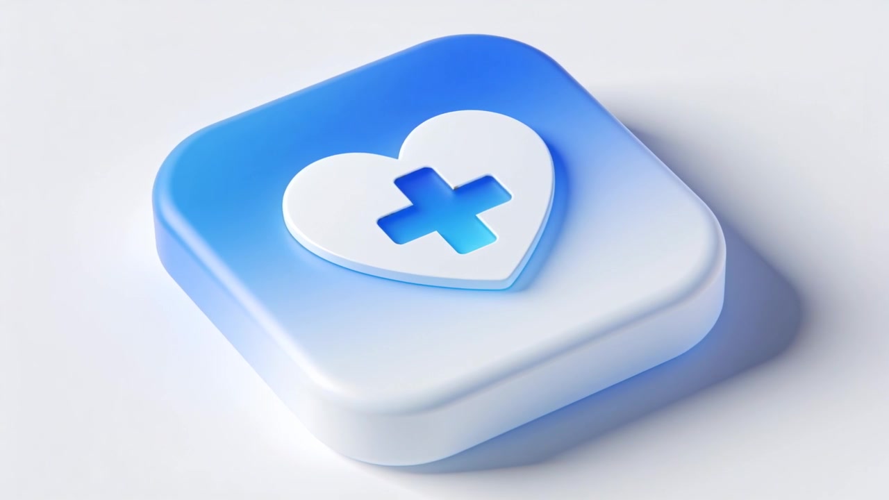 Rotating 3D rounded-square app icon on white backdrop after light shift, showing heart-plus cutout