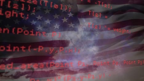 procesamiento de datos de computadora rojo brillante sobre la bandera estadounidense ondeando sobre las nubes en el cielo en el fondo