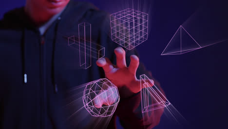 animación de formas 3d brillantes de transferencia de datos sobre el hombre asiático