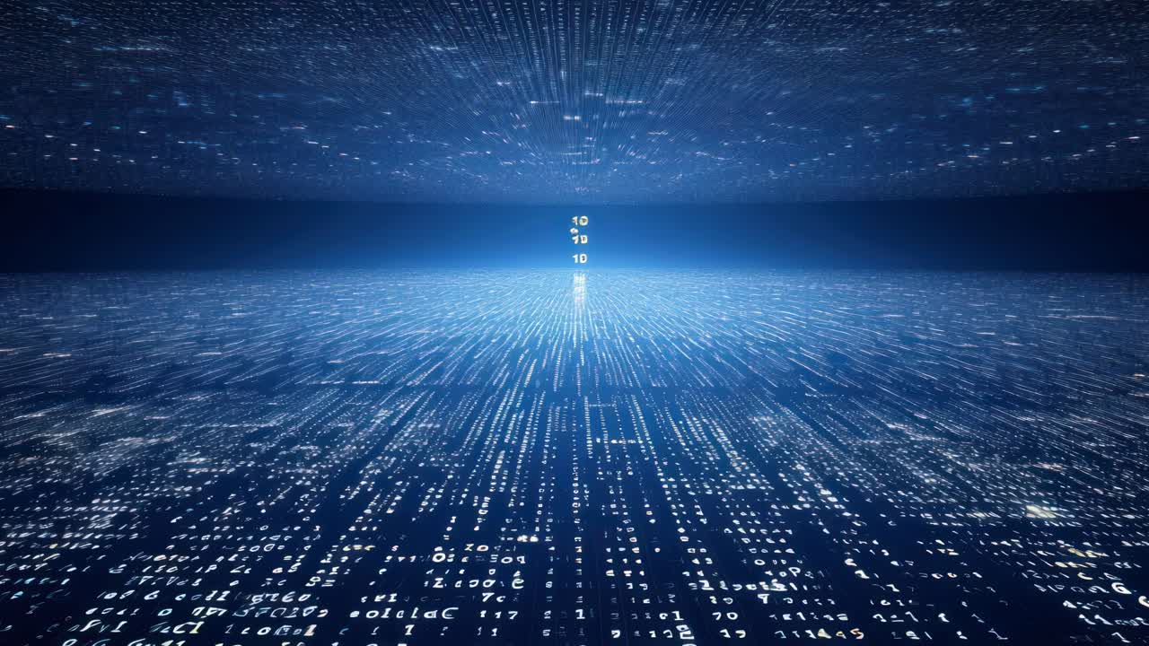 Futuristic digital landscape with a low-angle view, resembling a matrix of glowing data streams