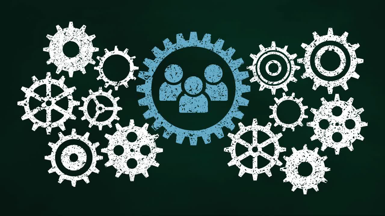 비즈니스 기어 메커니즘의 개념은 차크보드에서 파란색 팀워크 아이콘입니다.